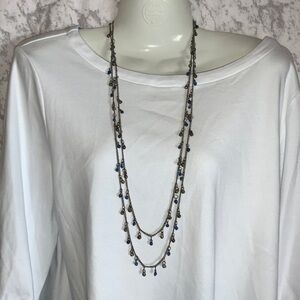 Silver Double Strand Necklace with Blue and Silver Beads 32”